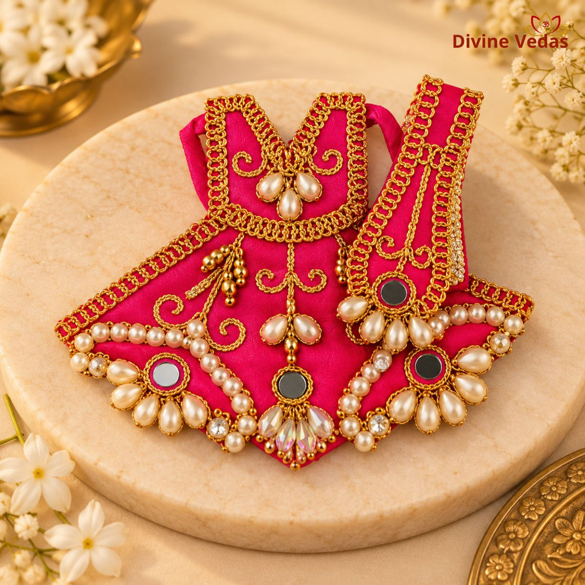 Devi Mata Dress Poshak Set with Pearl & Golden Lace Work | Designer Mata Rani Shringar Dress for Idol & Home Mandir Pooja