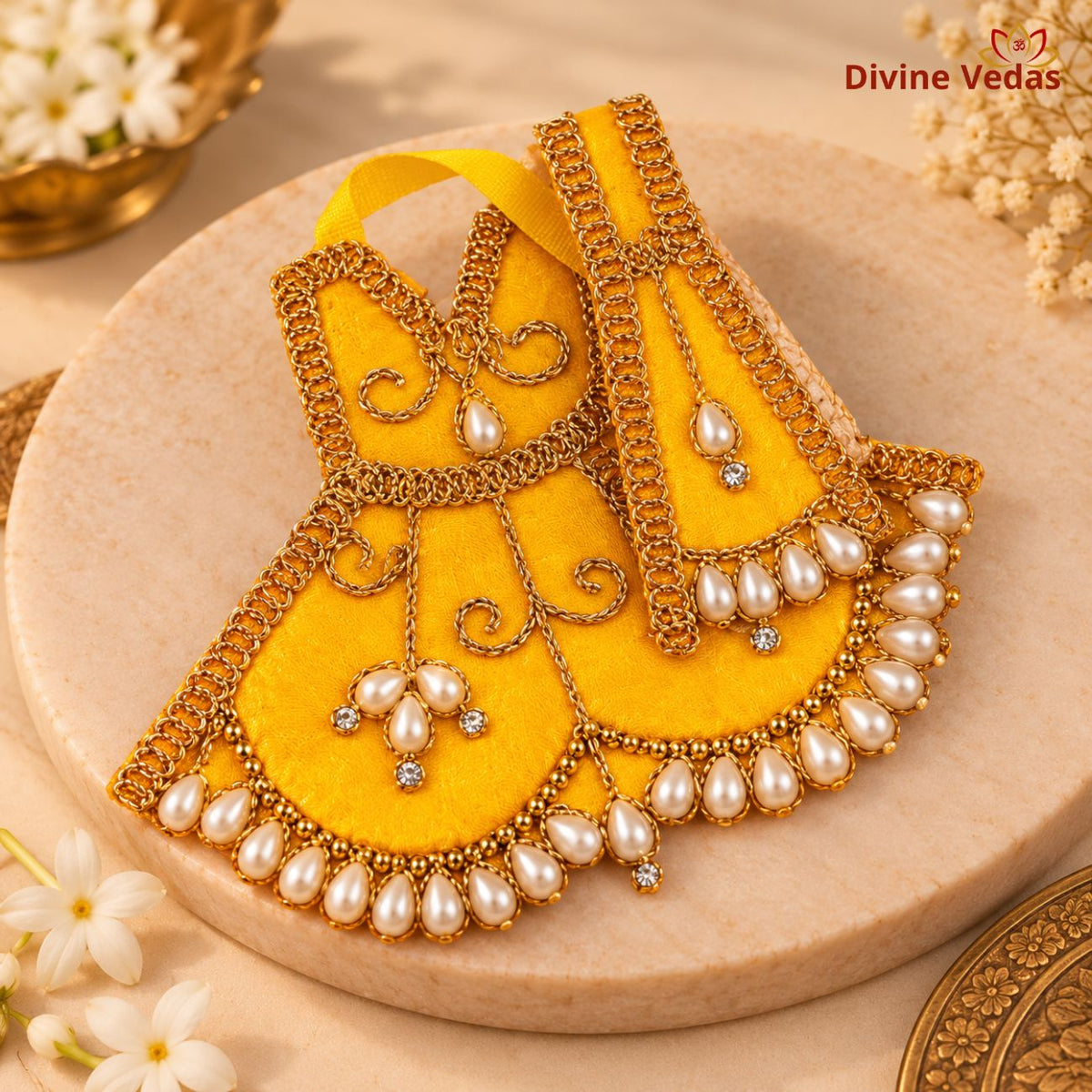 Devi Mata Dress Poshak Set with Pearl & Golden Lace Work | Designer Mata Rani Shringar Dress for Idol & Home Mandir Pooja