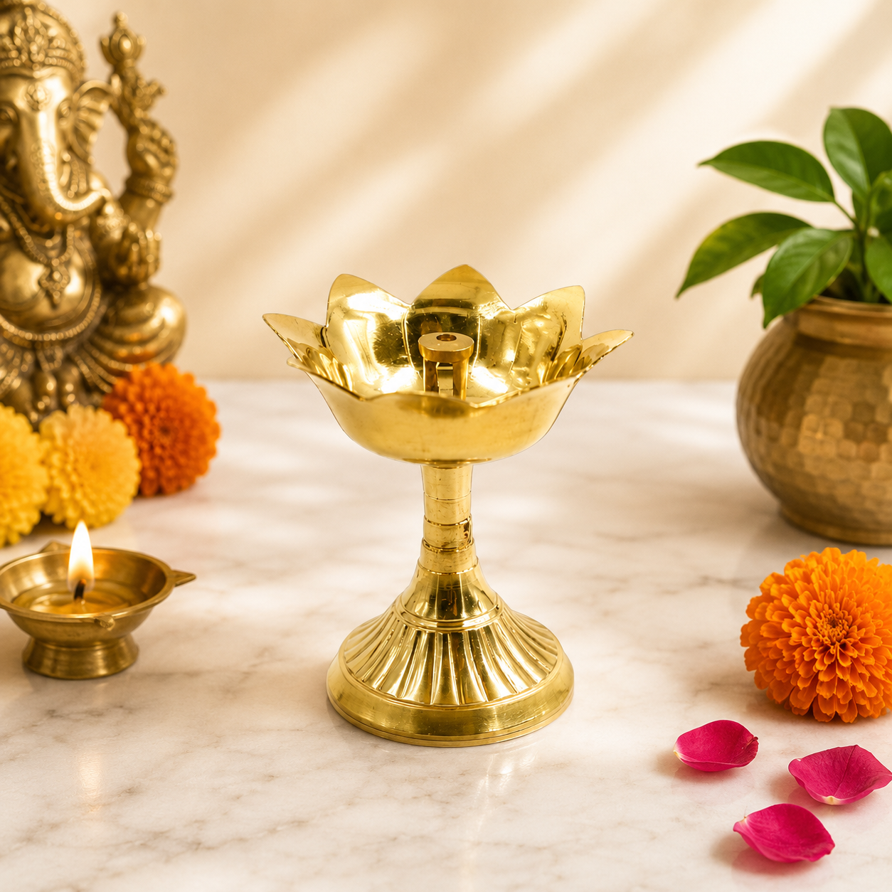 Brass Flower Oil Lamp Diya | Lotus Style Deepam for Pooja & Diwali | Divine Vedas