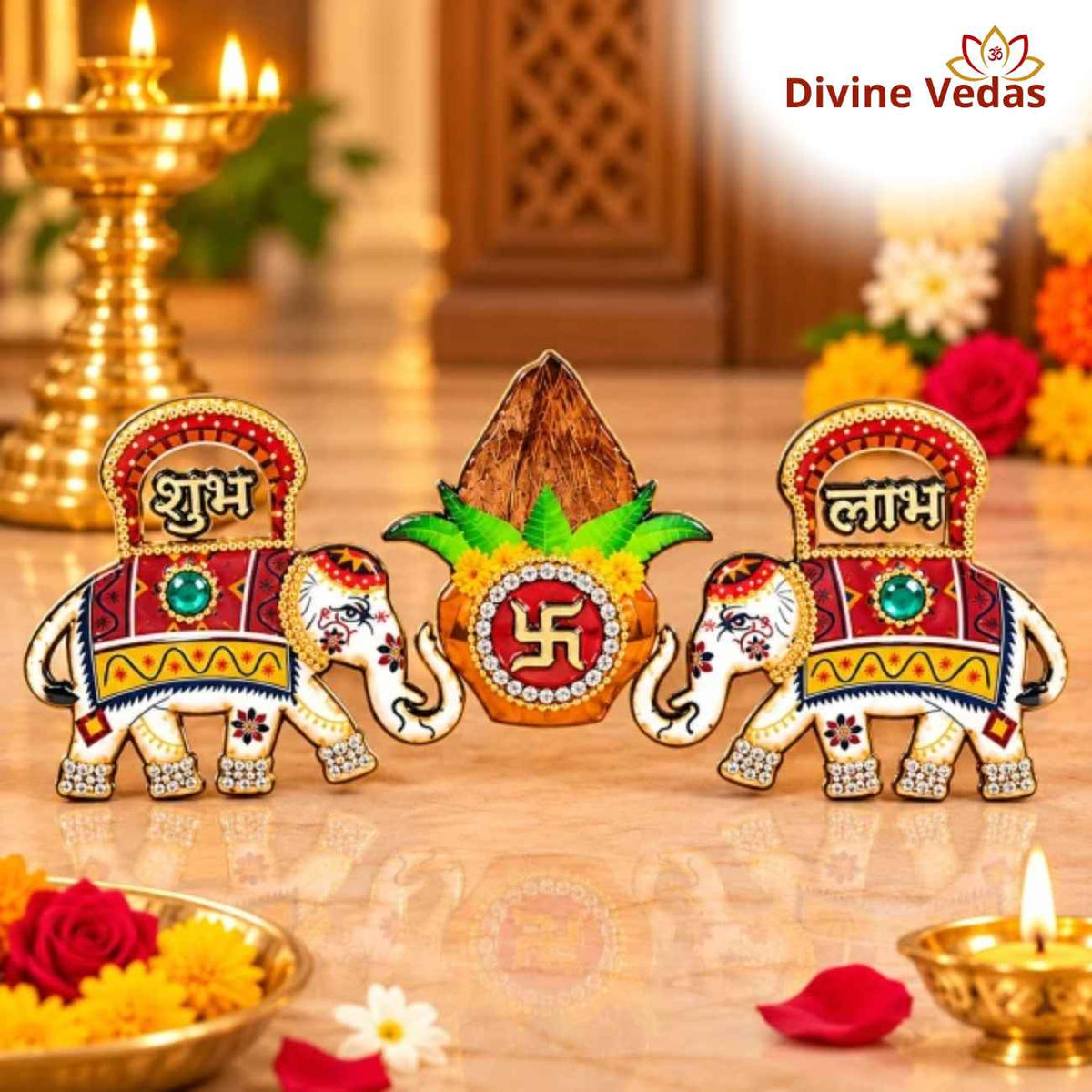 Shubh Labh Elephant Door Decoration Set with Coconut Kalash & Swastik | Traditional Diwali Main Door Decor for Home & Puja Room