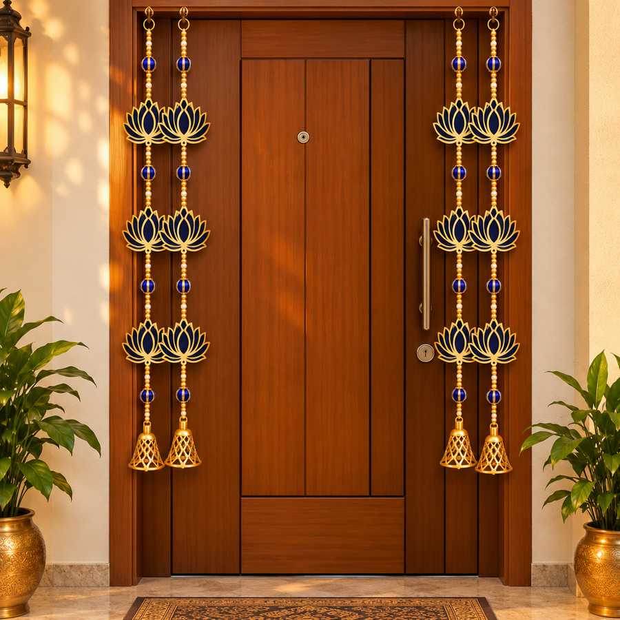 Blue Lotus Hanging Mala with Golden Bells for Door, Wall, Mandir & Festival Decoration – Set of 4