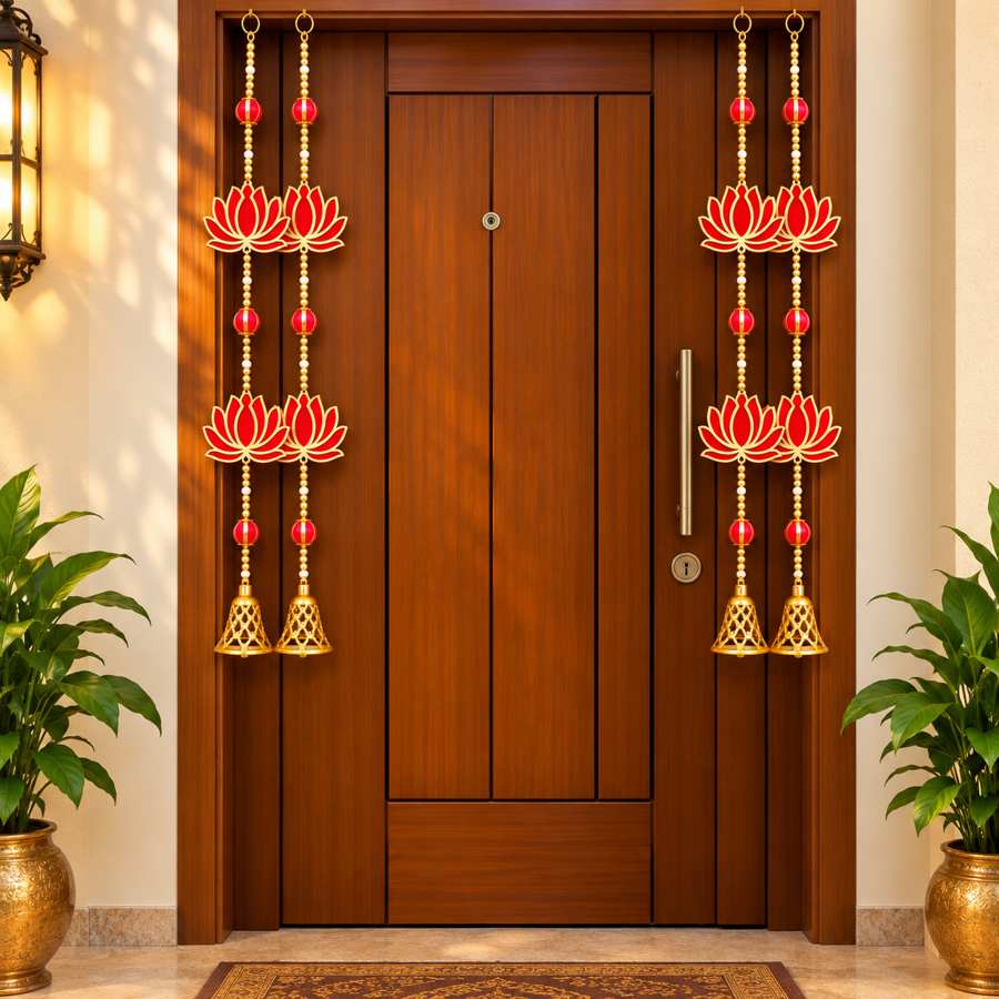 Red Lotus Hanging Mala with Golden Bells for Door, Wall, Mandir, Pooja Room & Festival Decoration – Set of 4