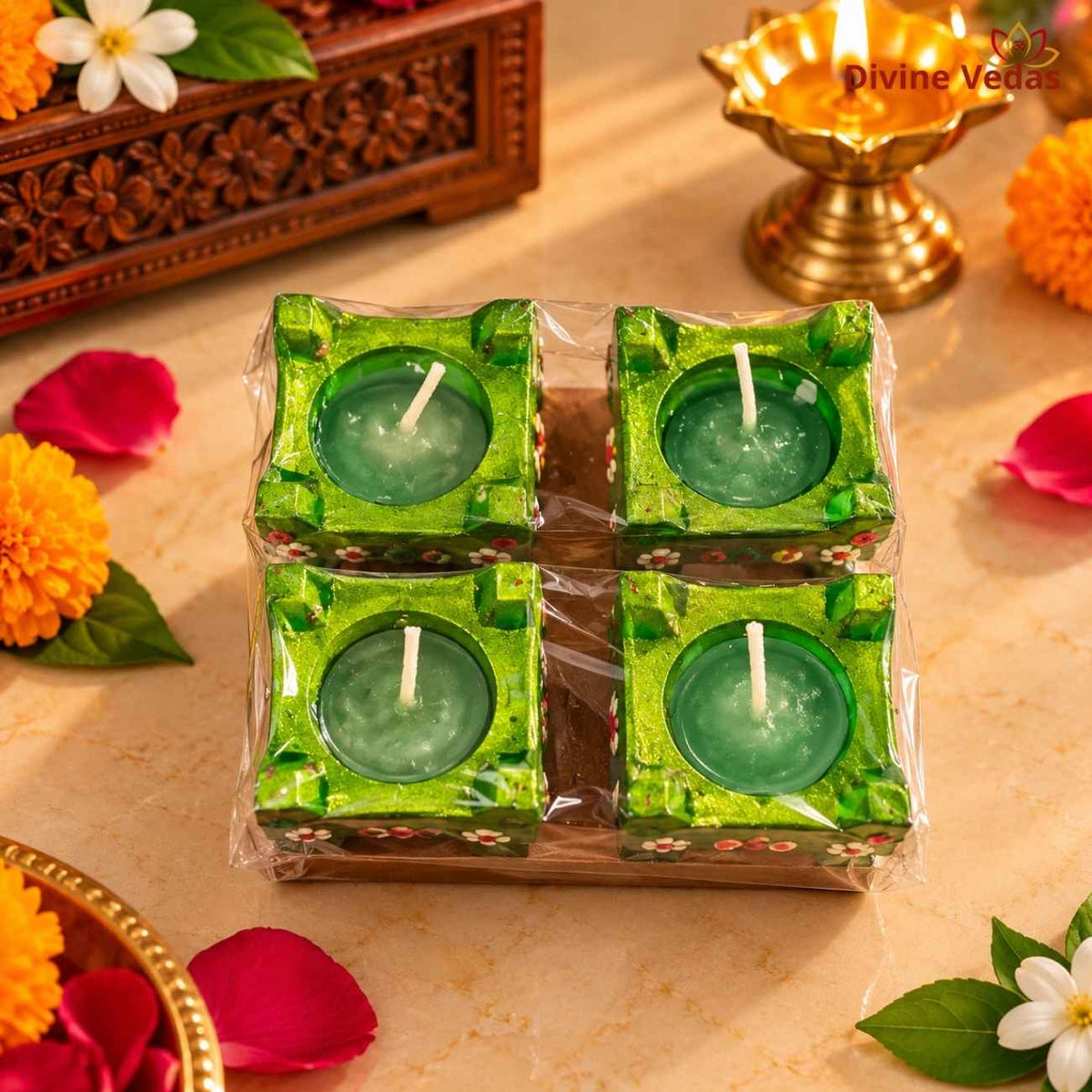 Small Tulsi Kyara Wax Diya Set – Decorative Square Diya for Diwali & Pooja | Pack of 4