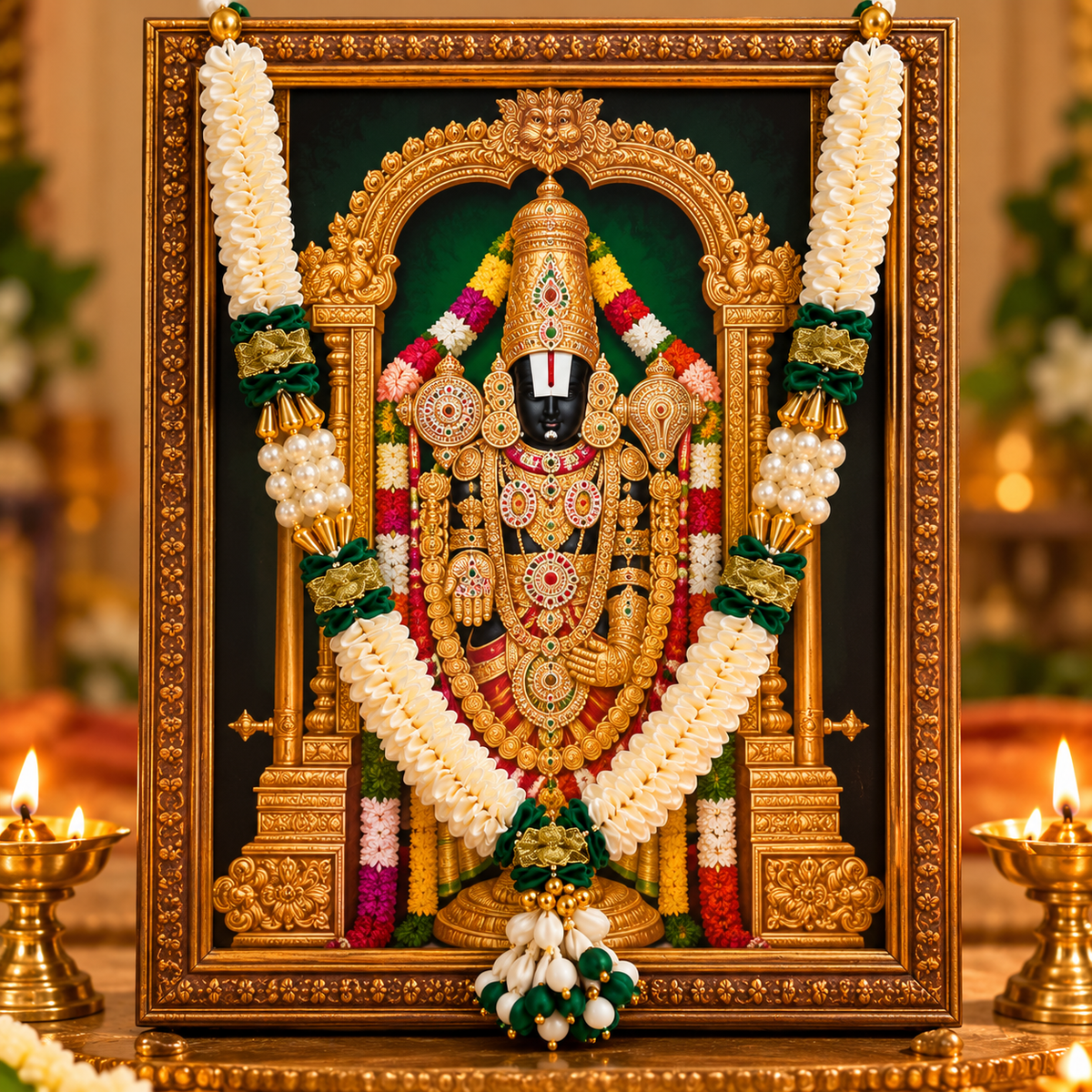 Satin Cloth Fancy Mala for Photo Frame | White & Green Decorative Garland with Pearl Beads for God Photos, Home Mandir & Pooja