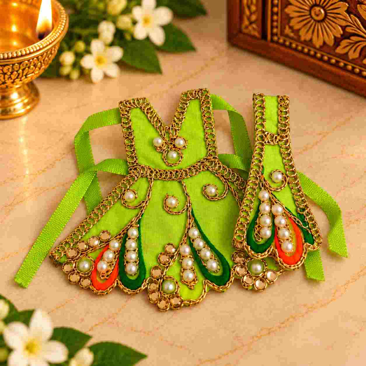 Devi Mata Dress Poshak Set with Pearl & Golden Lace Work | Designer Mata Rani Shringar Dress for Idol & Home Mandir Pooja