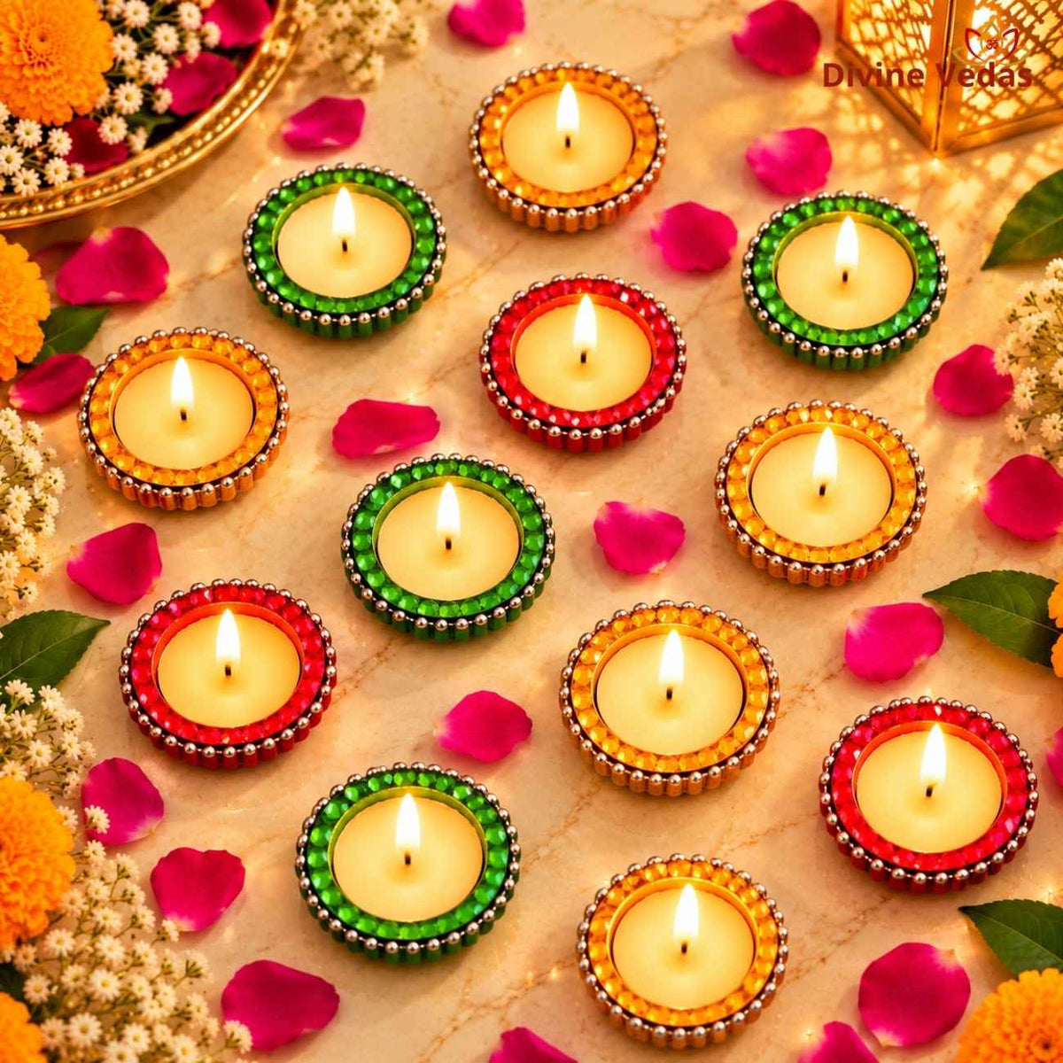 Small Round Jari Wax Diya – Multicolor Decorative Diya for Diwali, Pooja & Rangoli