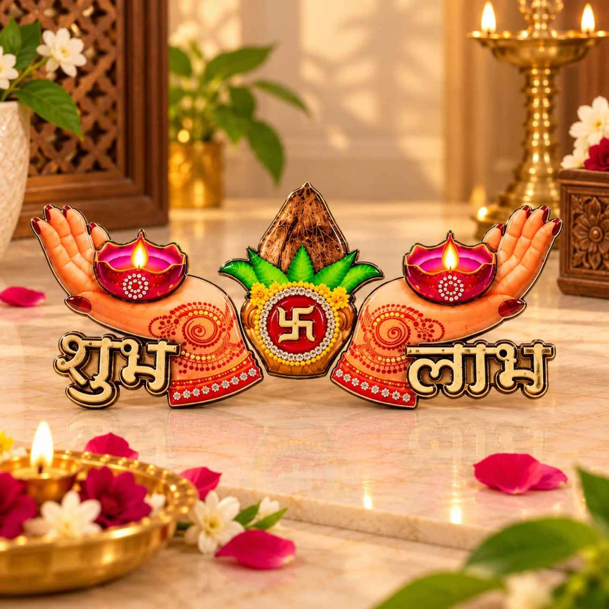 Shubh Labh Door Decoration Set with Kalash, Coconut, Swastik & Diya Hands | Traditional Diwali Entrance Sticker for Home & Puja Room