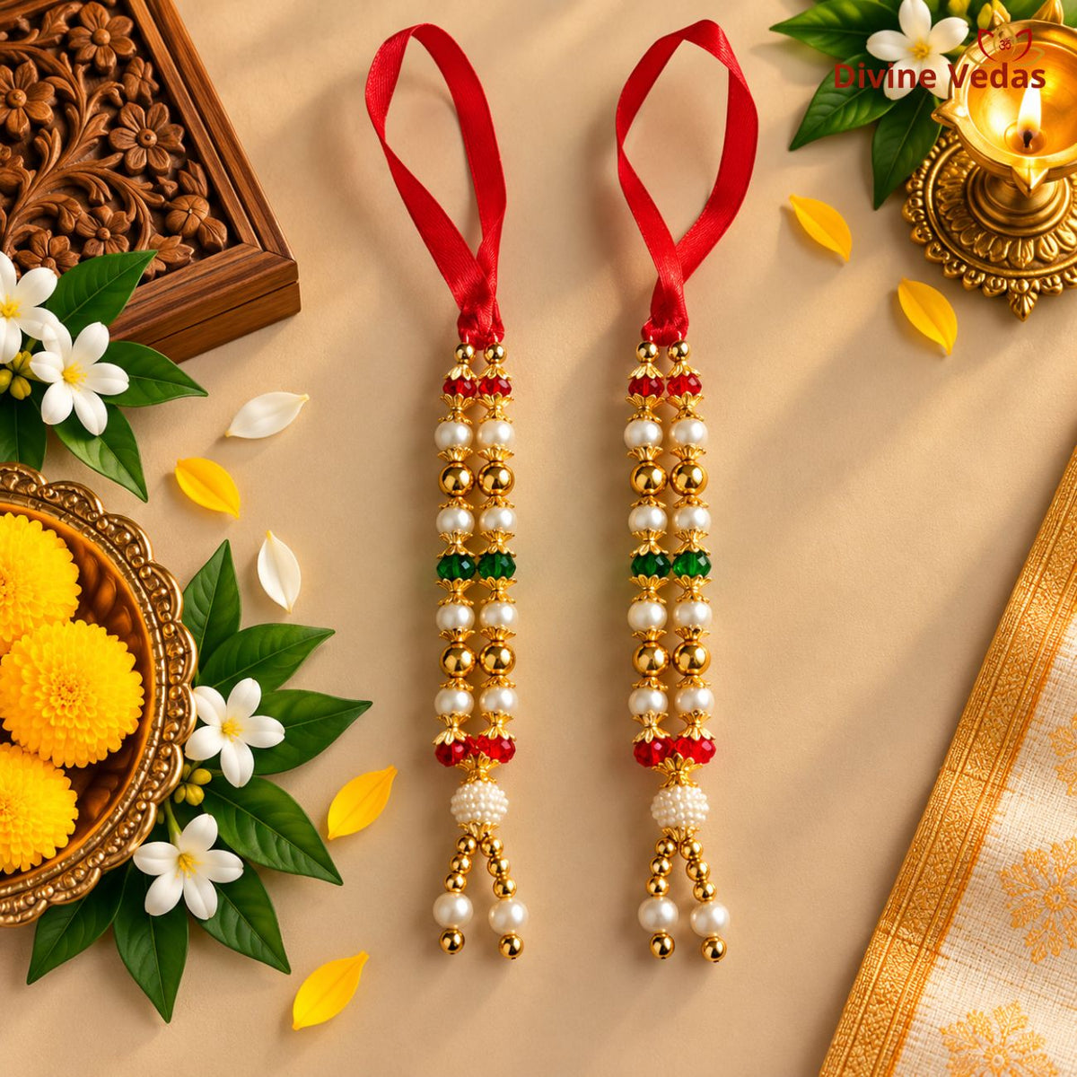 Premium Red, White, Green & Golden Pearl Beads Garland Mala for God Idols, Pooja & Festivals