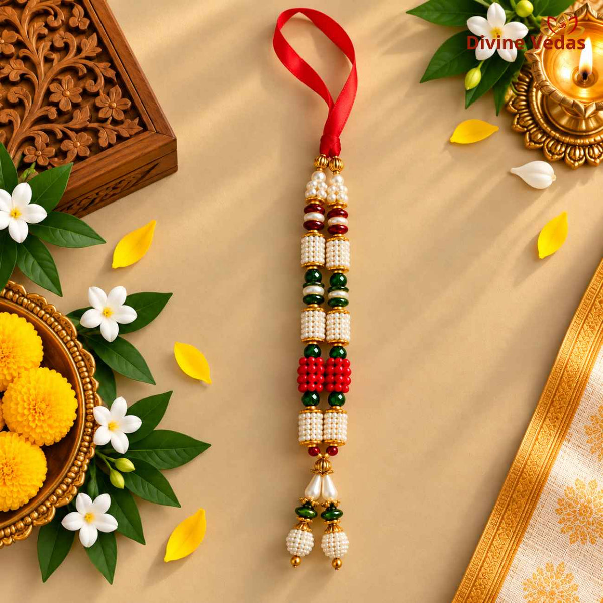 Premium White, Red & Green Pearl Beads Garland Mala for God Idols | Decorative Artificial Moti Mala for Pooja, Mandir & Festivals