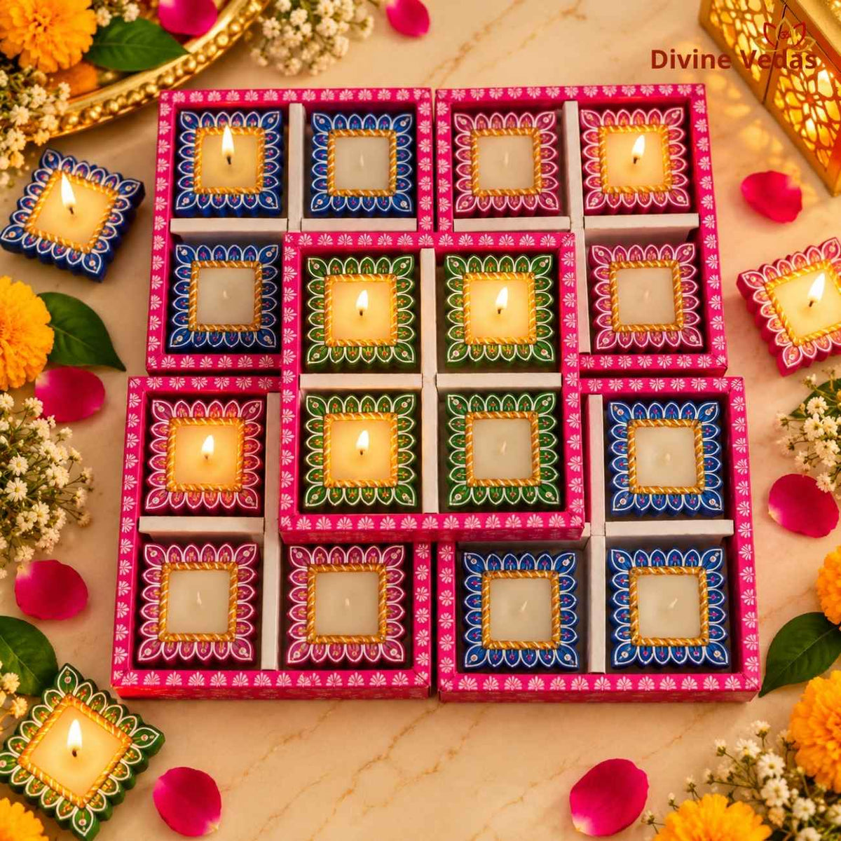 Big Size Square Wax Diya for Diwali & Pooja – Hand Painted Multicolor Decorative Diya