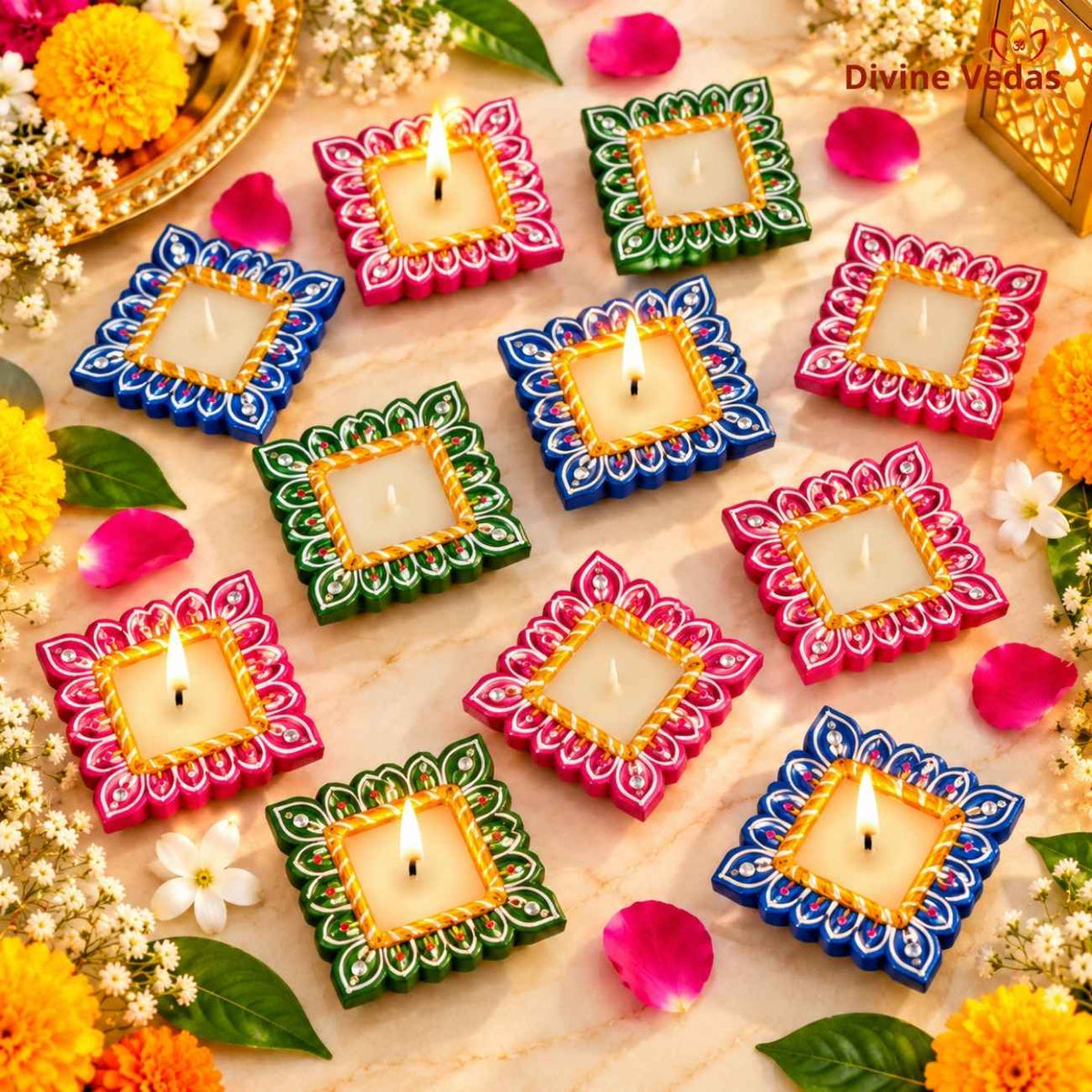 Big Size Square Wax Diya for Diwali & Pooja – Hand Painted Multicolor Decorative Diya