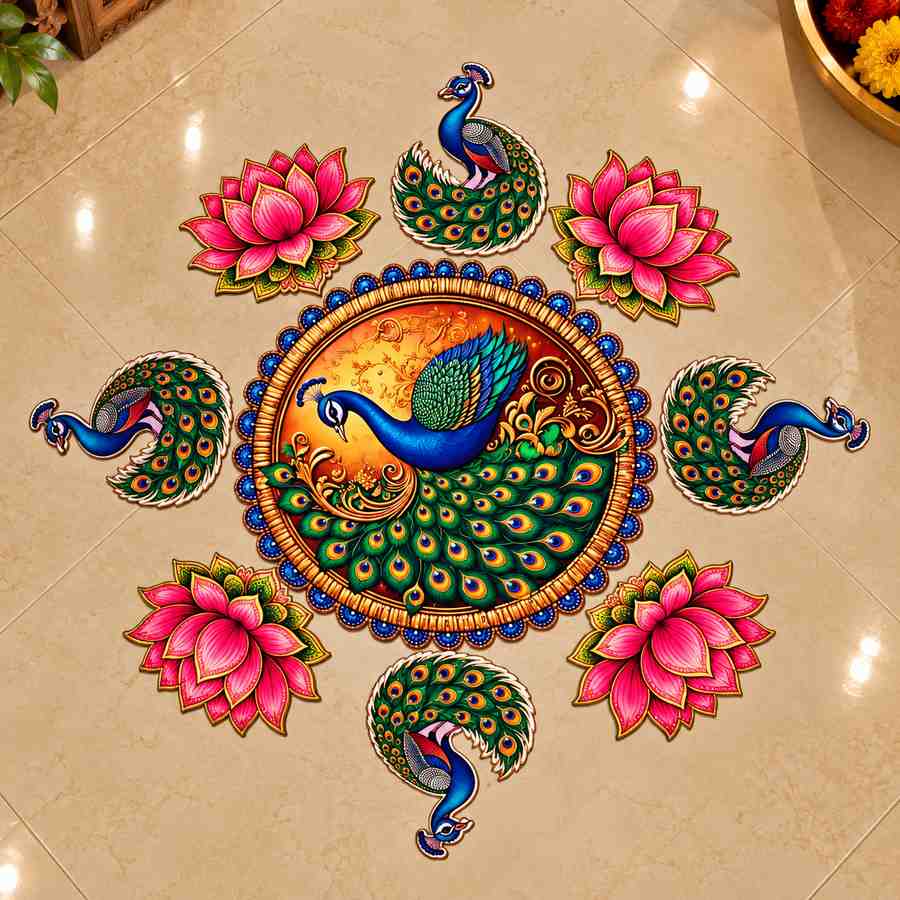 Decorative Peacock Rangoli Floor Sticker Set | Multicolor Mor Pankh & Pink Lotus Rangoli Stickers for Diwali, Festivals, Pooja & Home Entrance