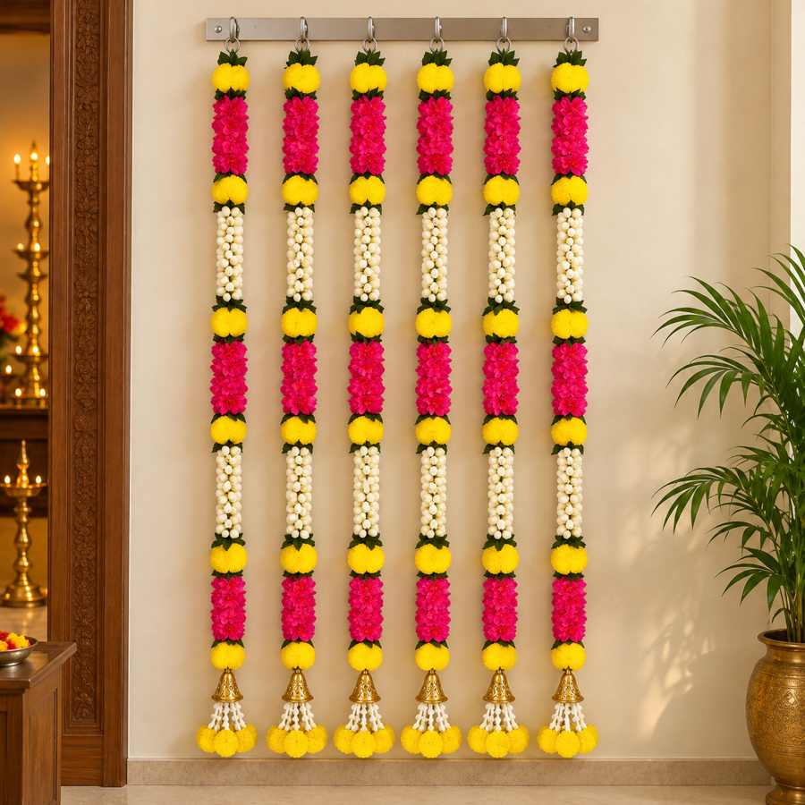 Artificial Marigold & Jasmine Flower Hanging Garland for Door, Wall & Festival Decoration – Yellow, Red & White – Set of 6