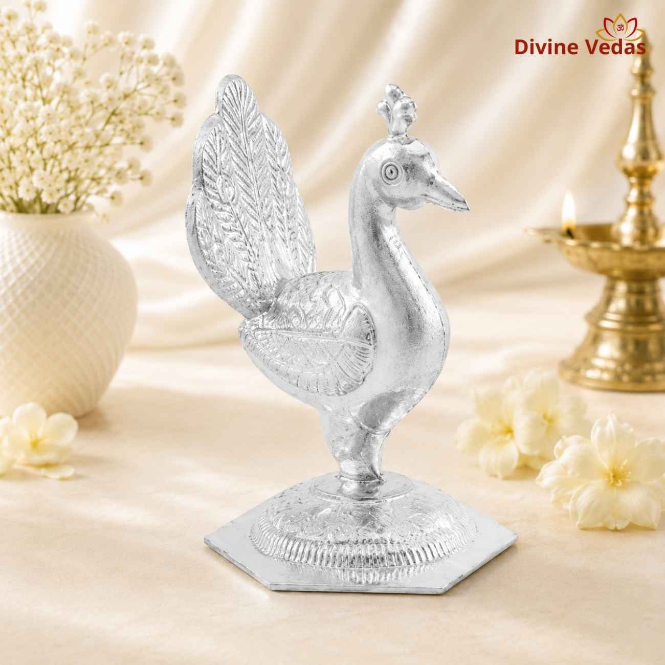 Pure Silver Peacock Showpiece for Pooja & Gifting | Divine Vedas