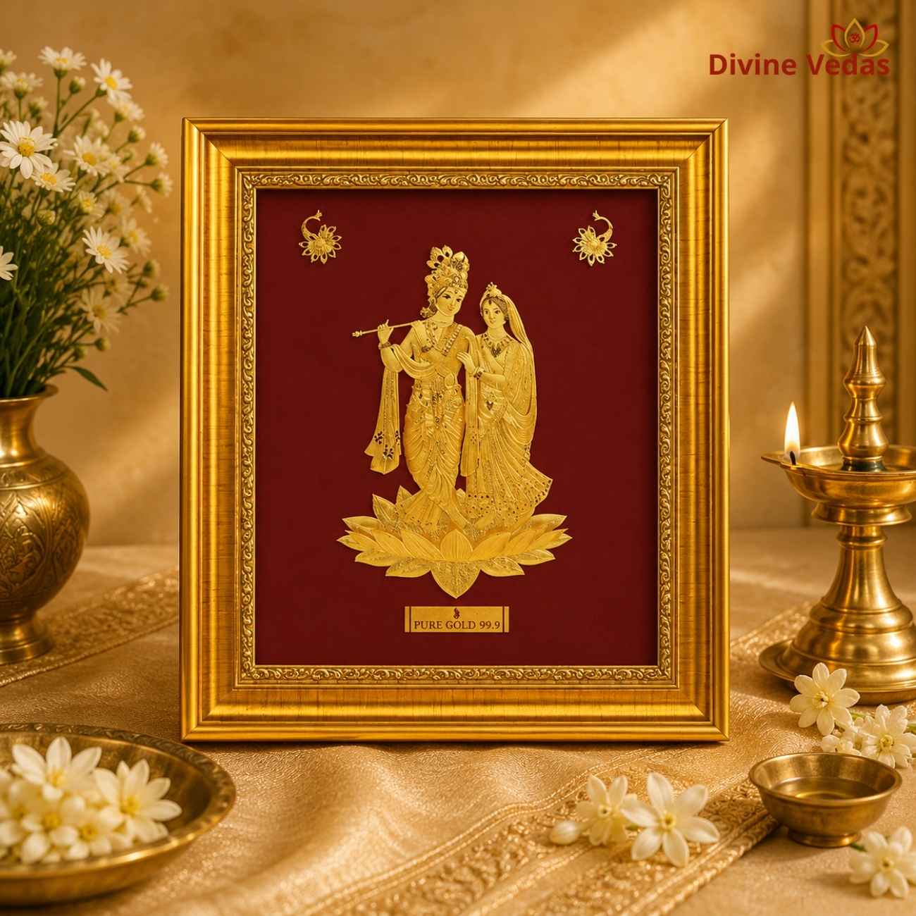 Radha Krishna Desktop Frame | 24K Pure Swiss Gold Touch Radhe Krishna Frame | Divine Vedas