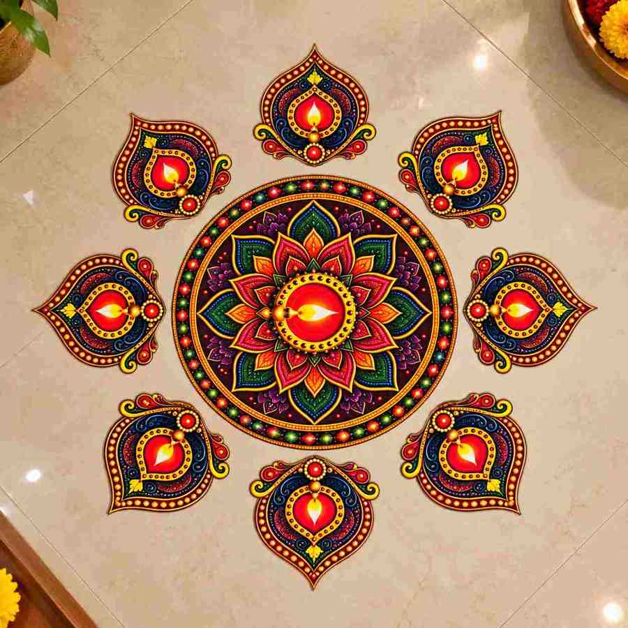 Decorative Diya Rangoli Floor Sticker Set | Multicolor Floral Rangoli Stickers for Diwali, Pooja, Home Entrance & Festival Decoration