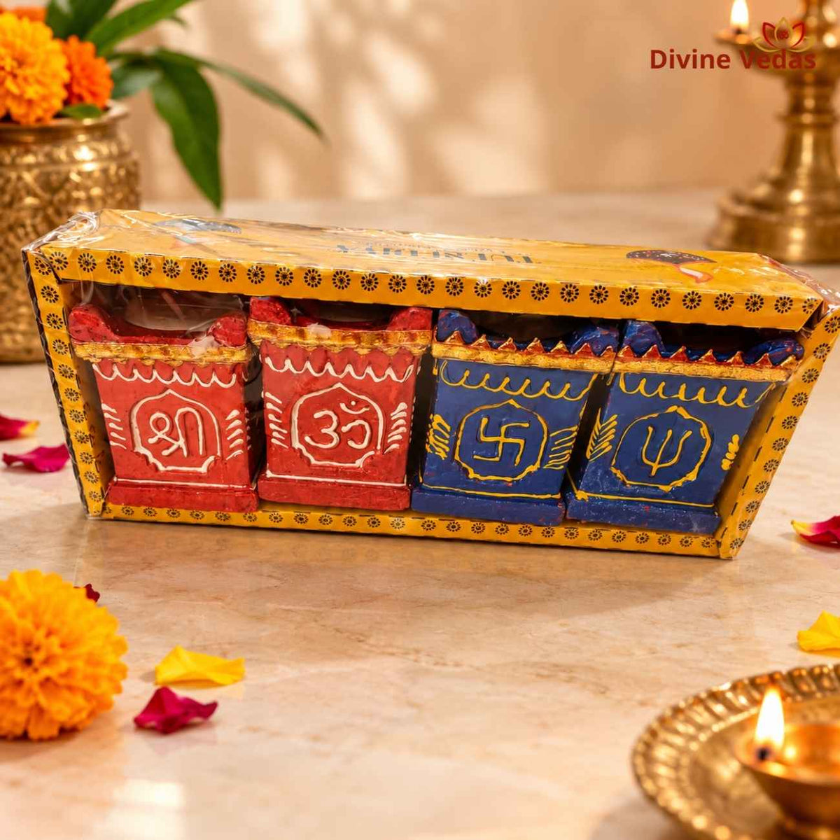 Wax Filled Tulsi Kyara Diya Set with Shri, Om, Swastik & Trishul – Hand Painted Decorative Diya