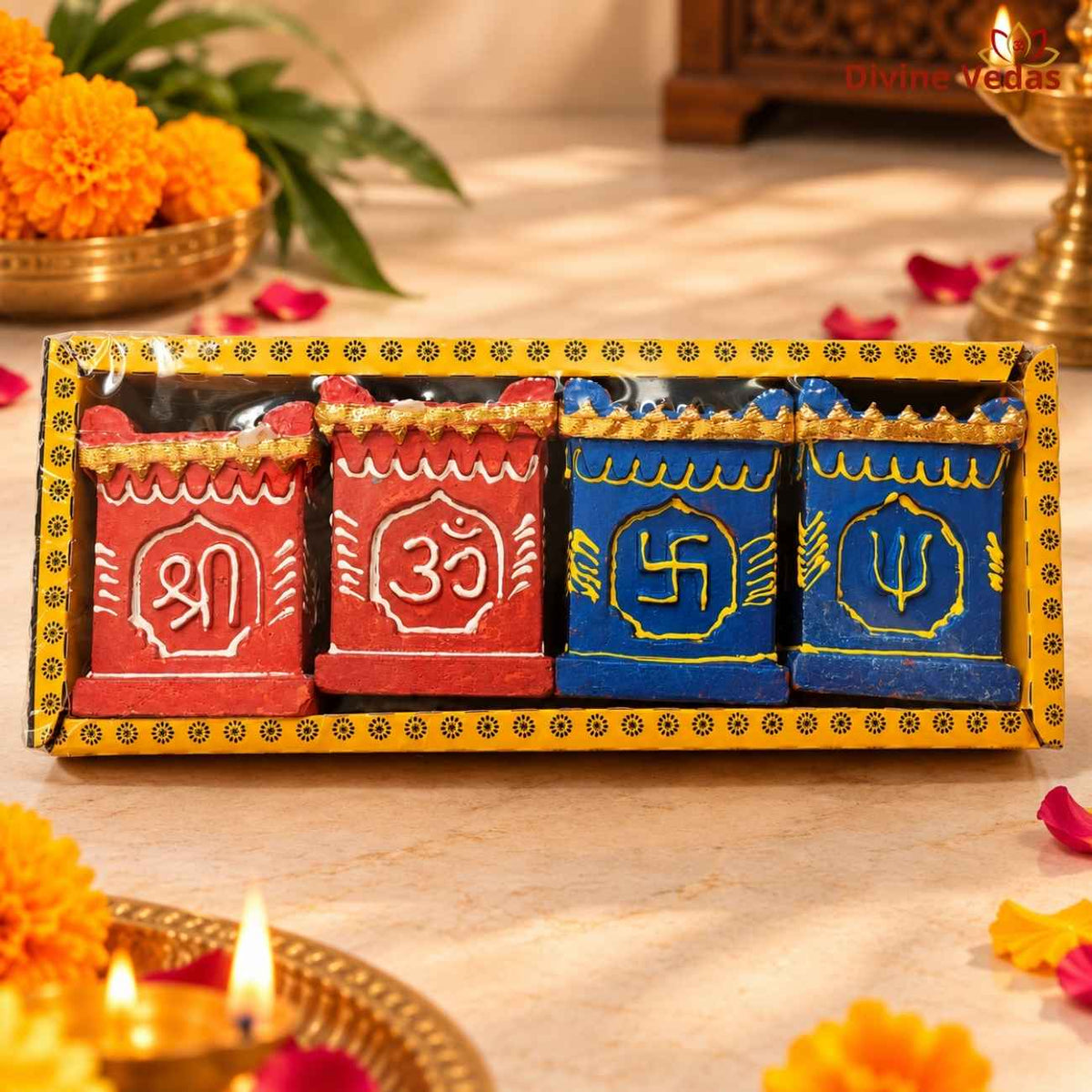 Wax Filled Tulsi Kyara Diya Set with Shri, Om, Swastik & Trishul – Hand Painted Decorative Diya