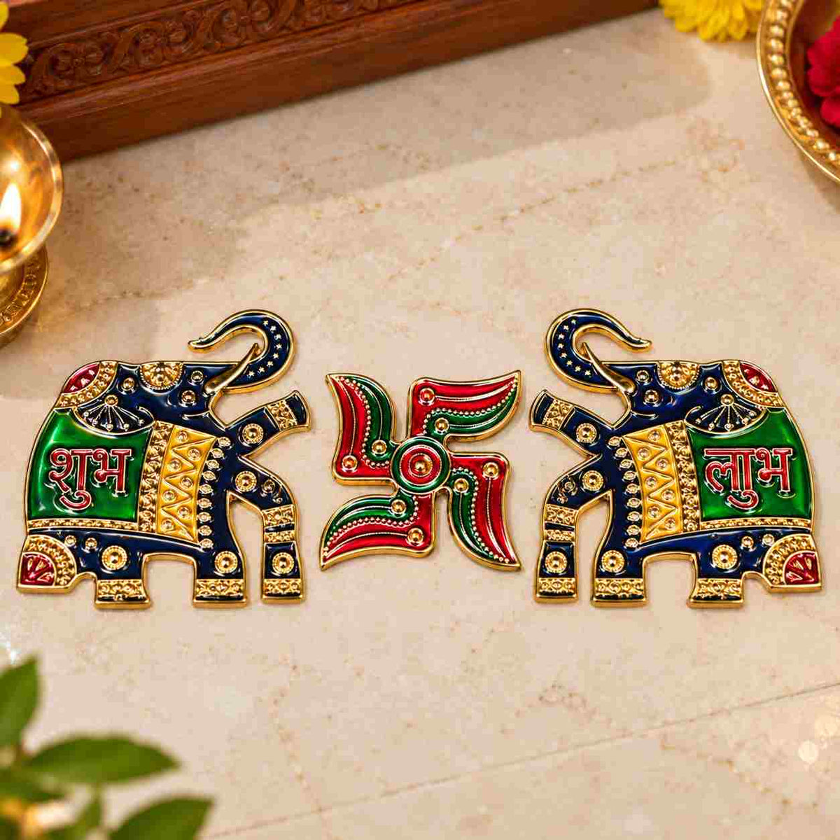 Elephant Shubh Labh Swastik Door Sticker Set | Auspicious Main Door Sticker for Home, Mandir & Shop – 3 Pcs
