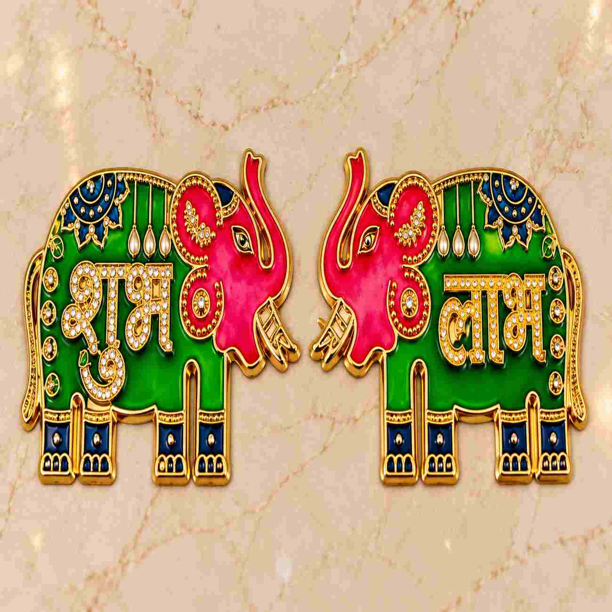 Elephant Shubh Labh Door Sticker Set | Decorative Auspicious Sticker for Main Door, Home, Mandir & Shop – 2 Pcs