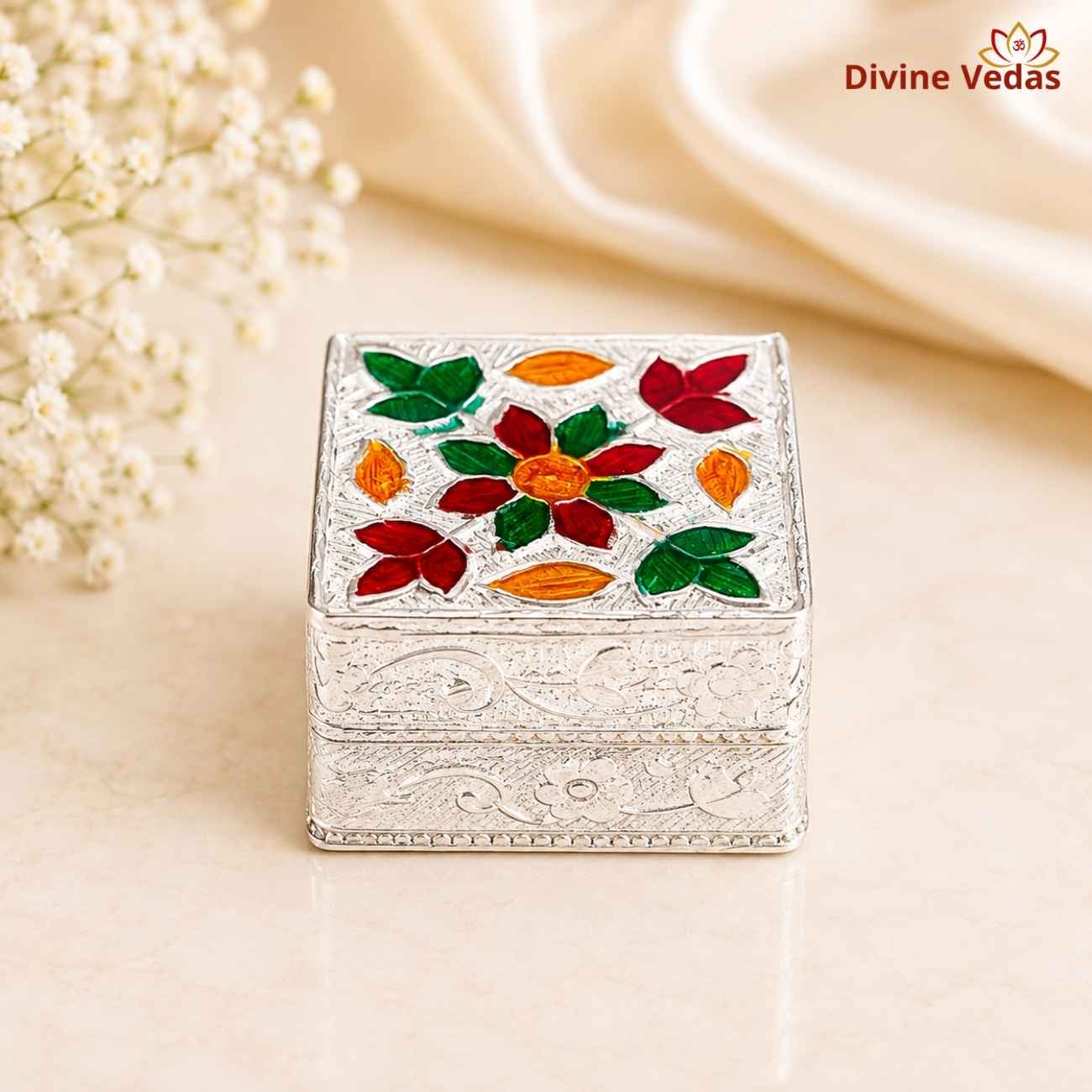 Silver Kumkum Sindoor Dani 11g | Chandi Kumkum Box for Pooja | Divine Vedas