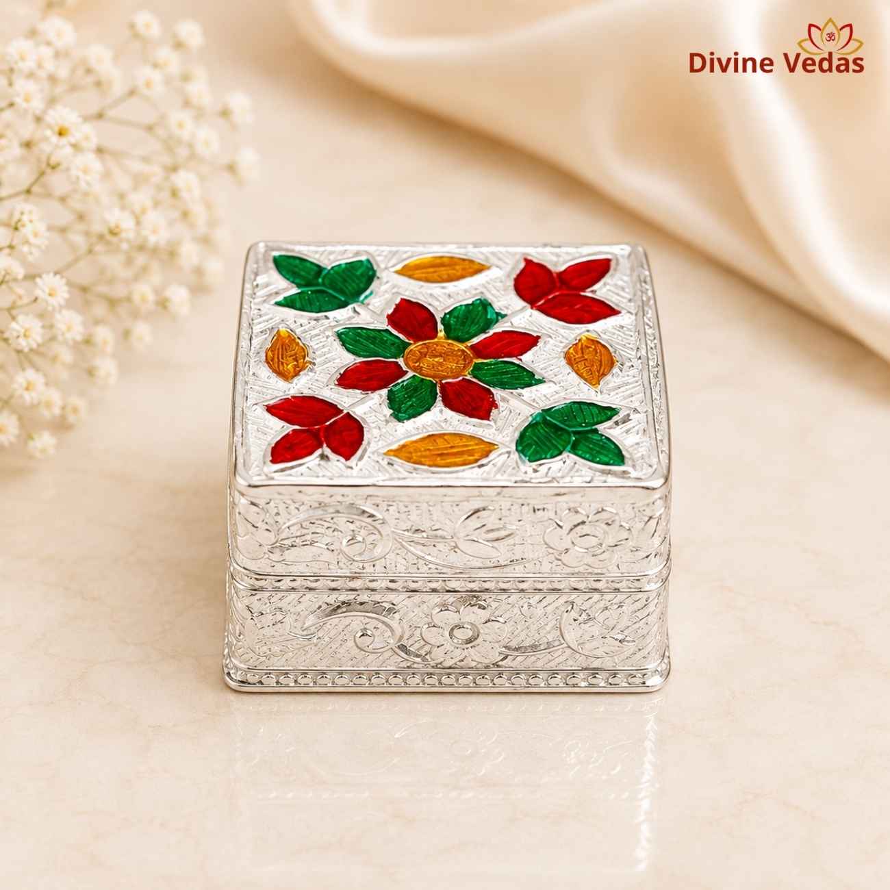 Silver Kumkum Sindoor Dani 11g | Chandi Kumkum Box for Pooja | Divine Vedas