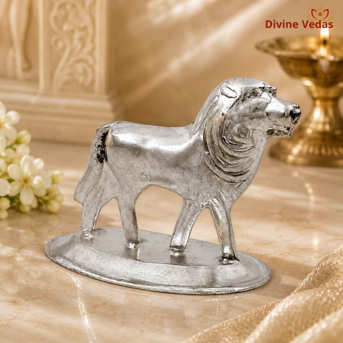 Silver Lion Statue 13g | Chandi Singh Showpiece for Home & Pooja | Divine Vedas