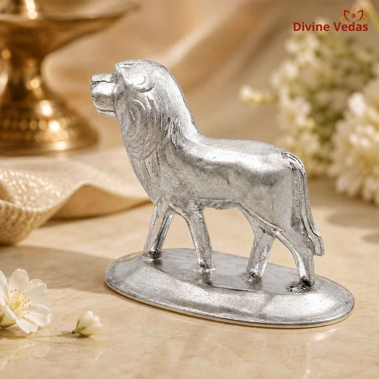 Silver Lion Statue 13g | Chandi Singh Showpiece for Home & Pooja | Divine Vedas
