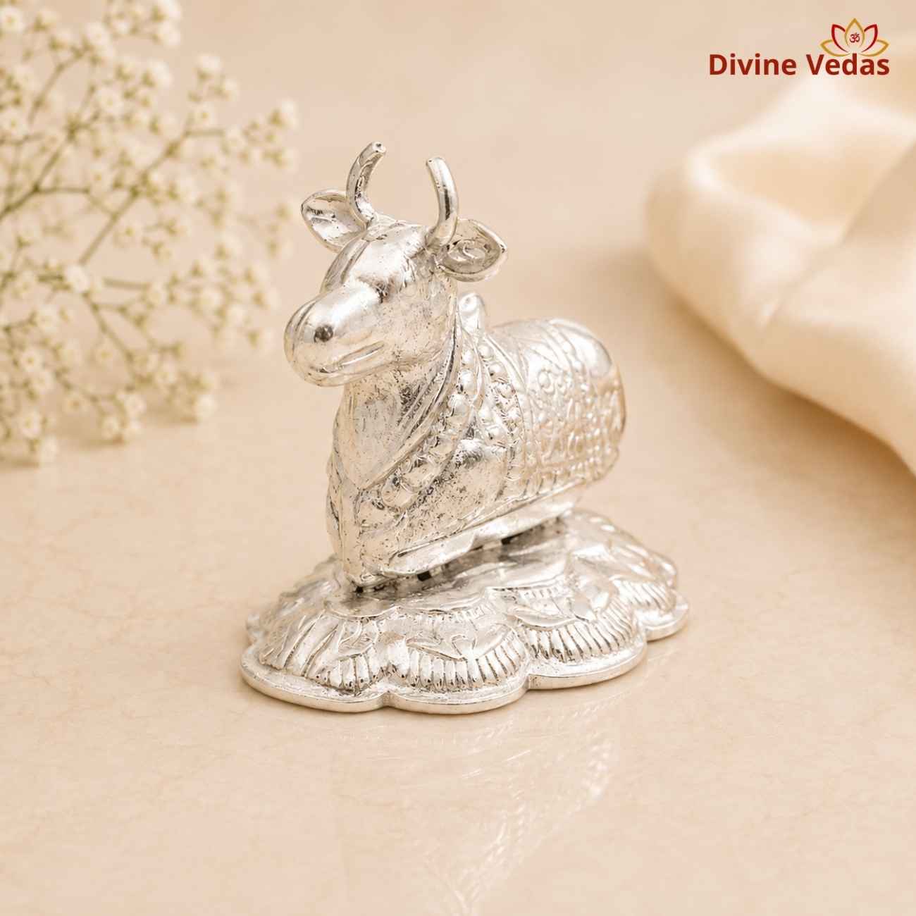 Silver Nandi Bull 11g | Lord Shiva Vahan Nandi Statue for Pooja | Divine Vedas