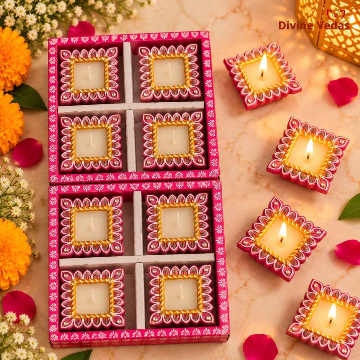 Big Size Square Wax Diya for Diwali & Pooja – Hand Painted Multicolor Decorative Diya