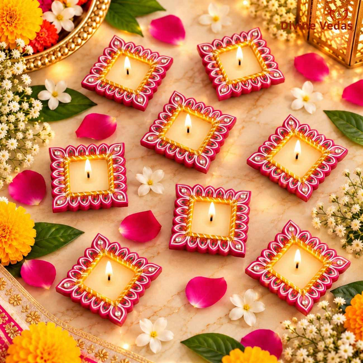 Big Size Square Wax Diya for Diwali & Pooja – Hand Painted Multicolor Decorative Diya