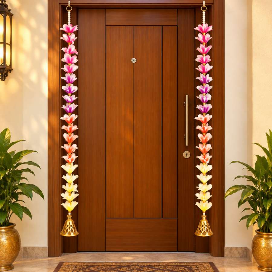 Pink Lotus Artificial Flower Hanging Mala with Golden Bells for Door, Wall, Pooja Room & Festival Decoration