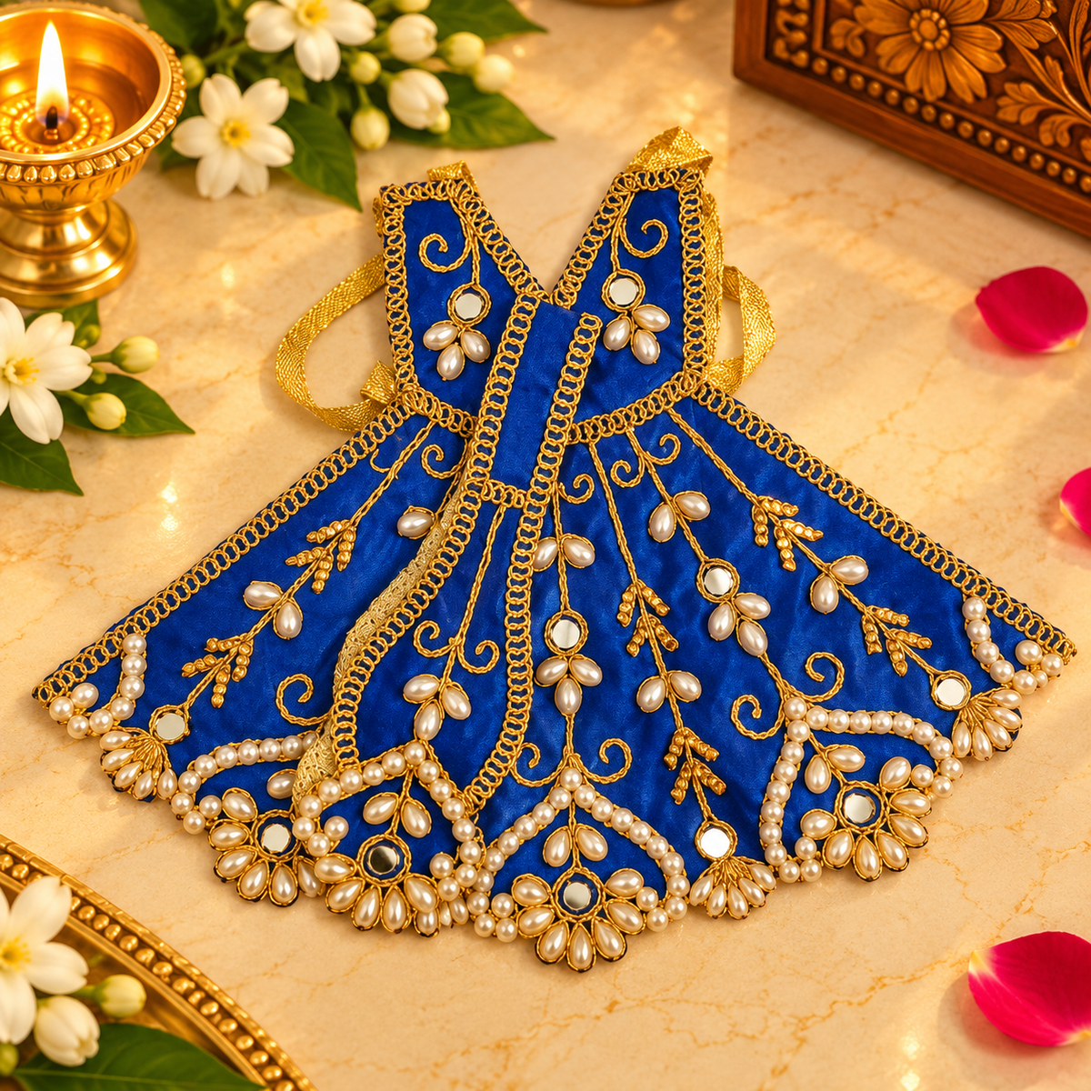 Premium Blue Laddu Gopal Dress with Golden Lace, Pearl & Kundan Work | Designer Kanha Ji Poshak for Pooja & Festivals