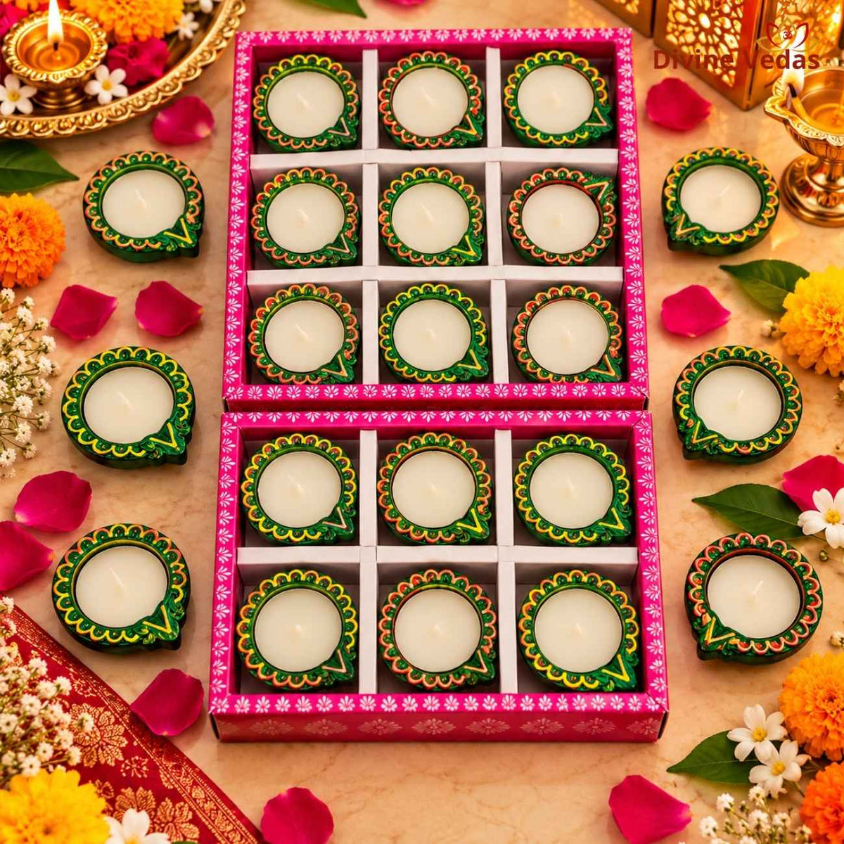 Decorative Wax Diya Gift Box – Hand Painted Multicolor Diya Set for Diwali, Pooja & Rangoli