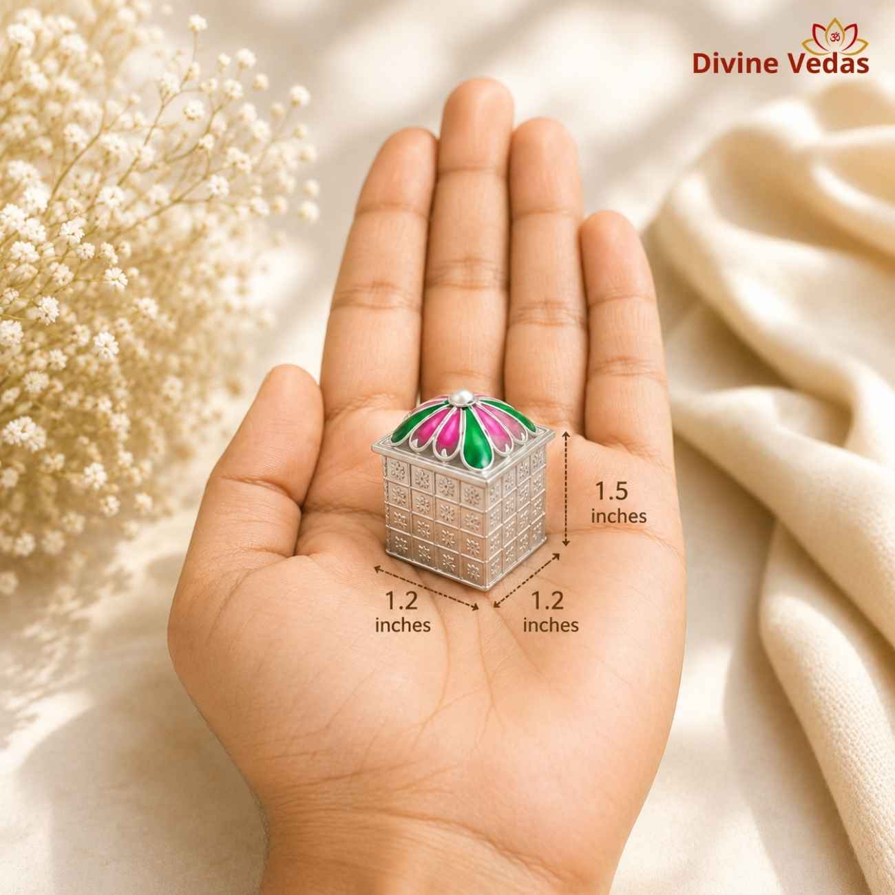 Pure Silver Flower Shape Meenakari Sindoor Kumkum Dibbi | Chandi Kumkum Box | Divine Vedas