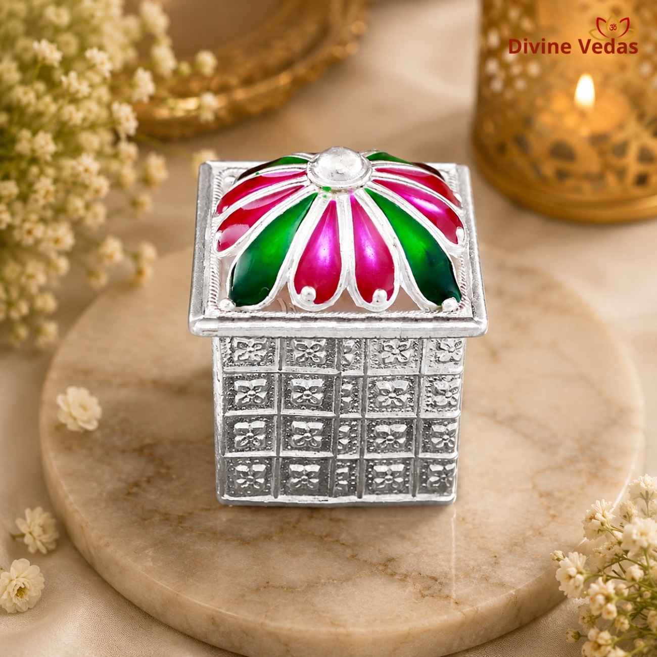 Silver Meenakari Roli Kumkum Container 26g | Pooja Kumkum Dani | Divine Vedas