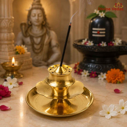 Flower Shape Brass Agarbatti Incense Holder | Decorative Incense Stick Stand for Pooja | Divine Vedas