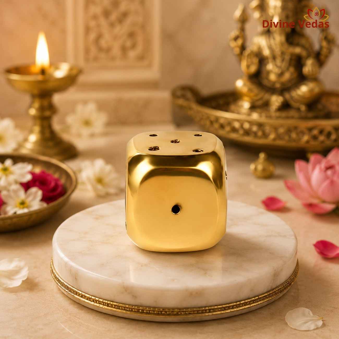 Polished Brass Dice Incense Agarbatti Holder | Decorative Pooja Incense Stand | Divine Vedas