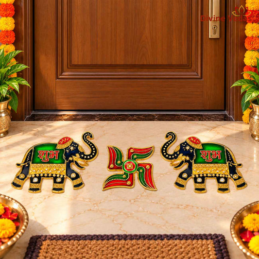 Elephant Shubh Labh Swastik Door Sticker Set | Auspicious Main Door Sticker for Home, Mandir & Shop – 3 Pcs
