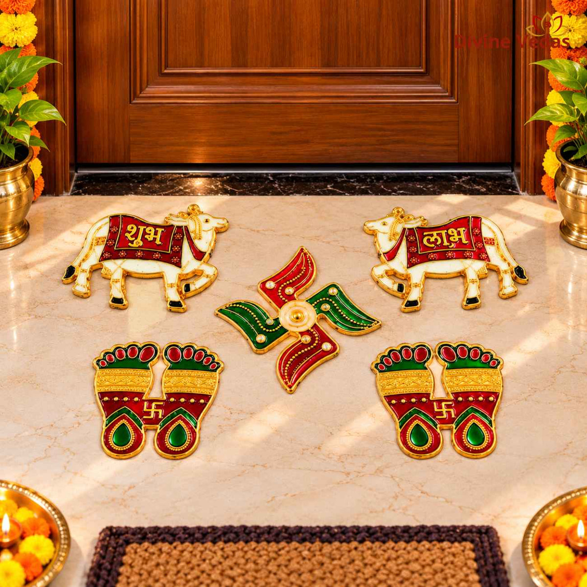 Shubh Labh Cow, Swastik & Lakshmi Charan Decorative Door Sticker Set | Auspicious Main Door Décor