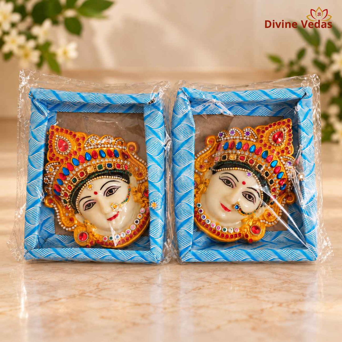 Decorative Devi Face Idol Set with Golden Mukut & Stone Work for Home Mandir, Pooja & Temple Decoration – Pack of 2,4