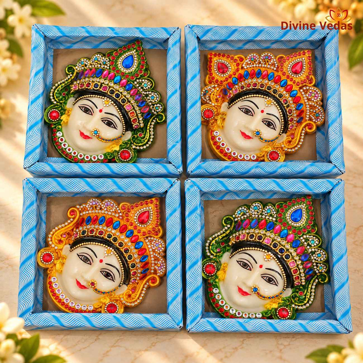 Decorative Devi Face Idol Set with Golden Mukut & Stone Work for Home Mandir, Pooja & Temple Decoration – Pack of 2,4