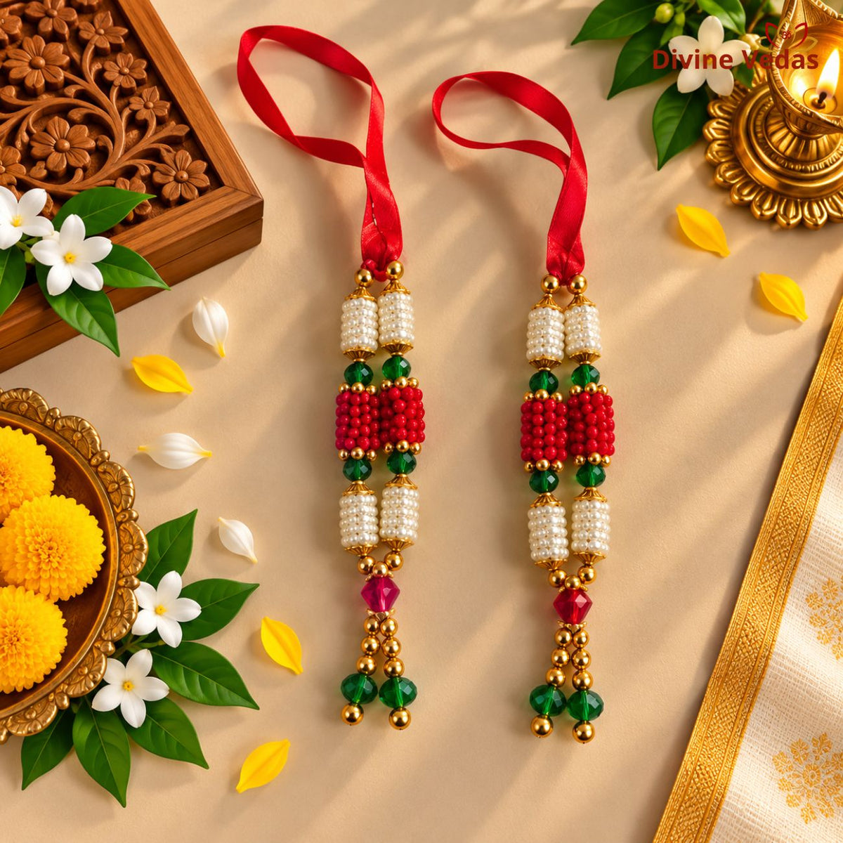 Premium Red White Green Pearl Beads Garland Mala for God Idols – Artificial Moti Mala with Golden Beads for Pooja, Mandir & Festival Decoration