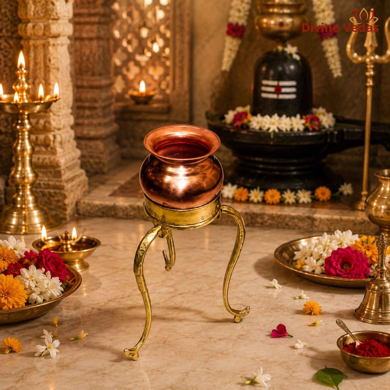 Abhishek Pot with Brass Tripod Stand & Thali | Shivling Jal Abhishek Set | Divine Vedas