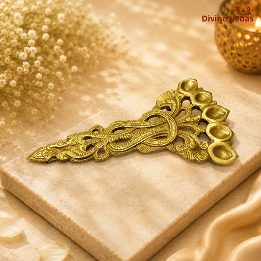 Antique Brass Panch Aarti Diya | Traditional 5 Wick Pooja Deepak | Divine Vedas