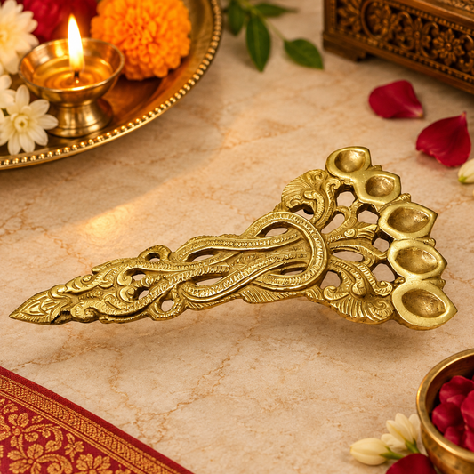 Antique Brass Panch Aarti Diya for Pooja & Temple | Divine Vedas