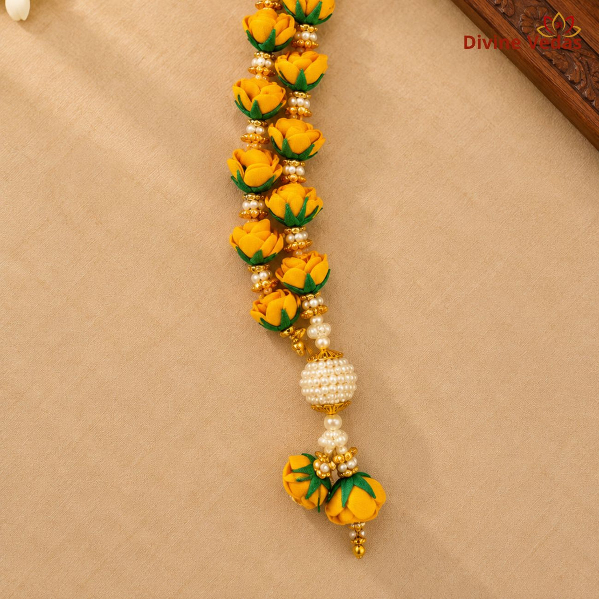 Yellow Artificial Flower Garland for God Idols | Handmade Pooja Mala with Pearl Beads for Mandir, Deity Shringar & Festivals