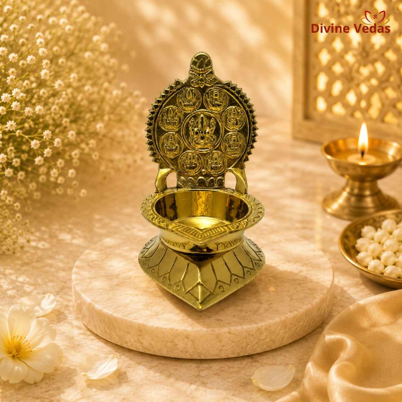 Ashta Siddhi Vinayak Oil Lamp in Brass | Ganesh Pooja Diya | Divine Vedas