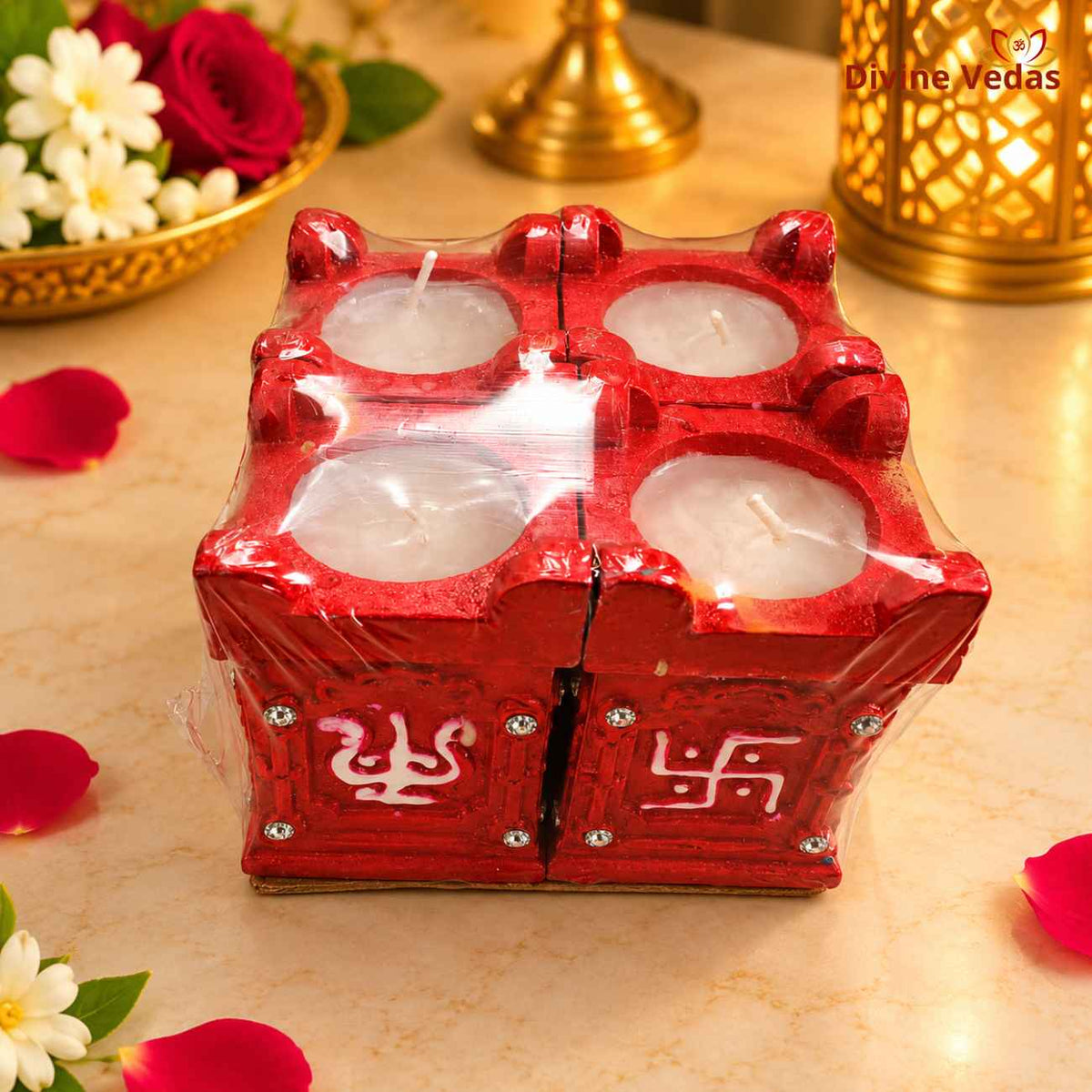 Square Wax Filled Pooja Diya Set with Swastik, Om, Ganesh & Trishul – Decorative Diwali Diyas
