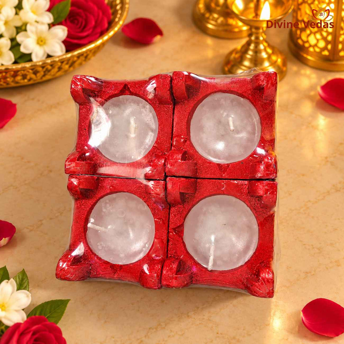 Square Wax Filled Pooja Diya Set with Swastik, Om, Ganesh & Trishul – Decorative Diwali Diyas